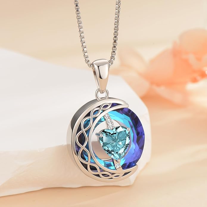 LIANYU Necklace for Womens Blue Sapphire Necklace Moon Pendant S925 Sterling Silver Crystal Jewelry for Women Pendant Birthday Gifts for Wife Gifts Valentine Anniversary