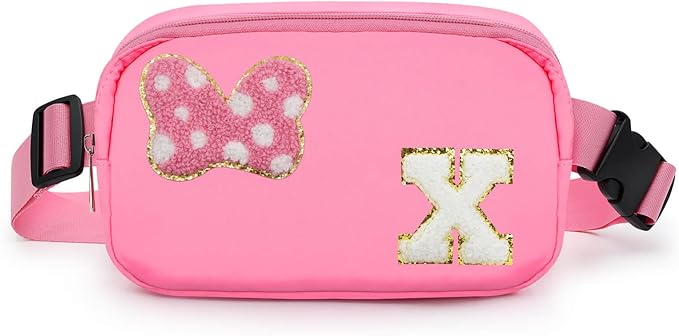 Chenille Initial Letter Bow Mouse Fanny Pack, Waterproof Park Crossbody Bag Christmas Birthday Gifts for Teen Girls Daughter Women Kids Adults, Cute Belt Bag Must Haves for Park Travel (X, Pink)
