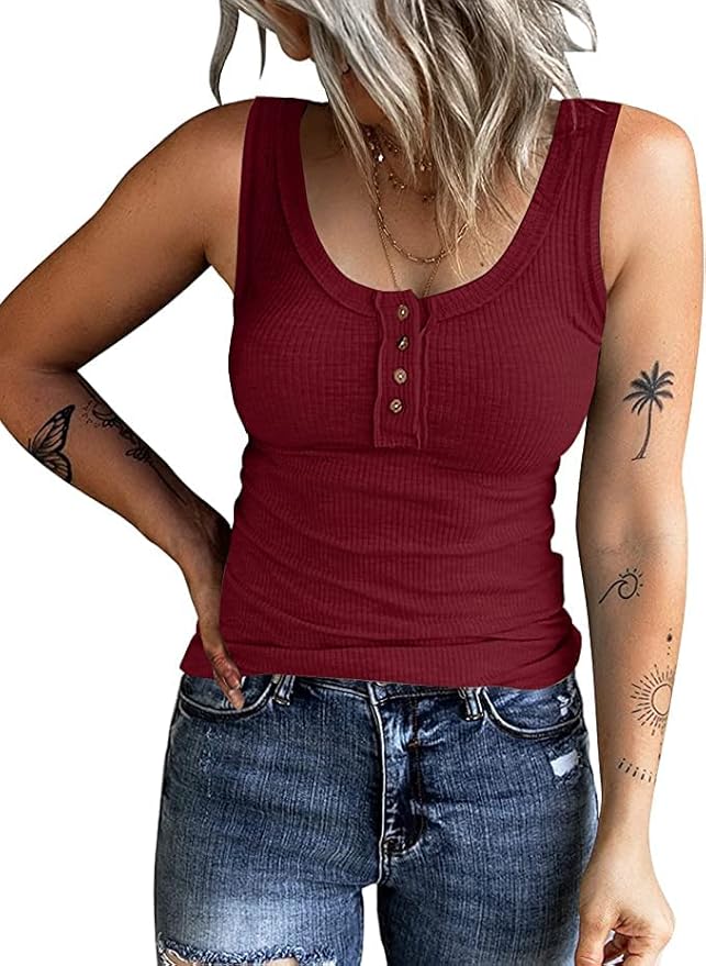 KINLONSAIR Women's Sleeveless Henley Tank Tops Ribbed V Neck Button Down T Shirts Summer Slim Fit Tee Tops