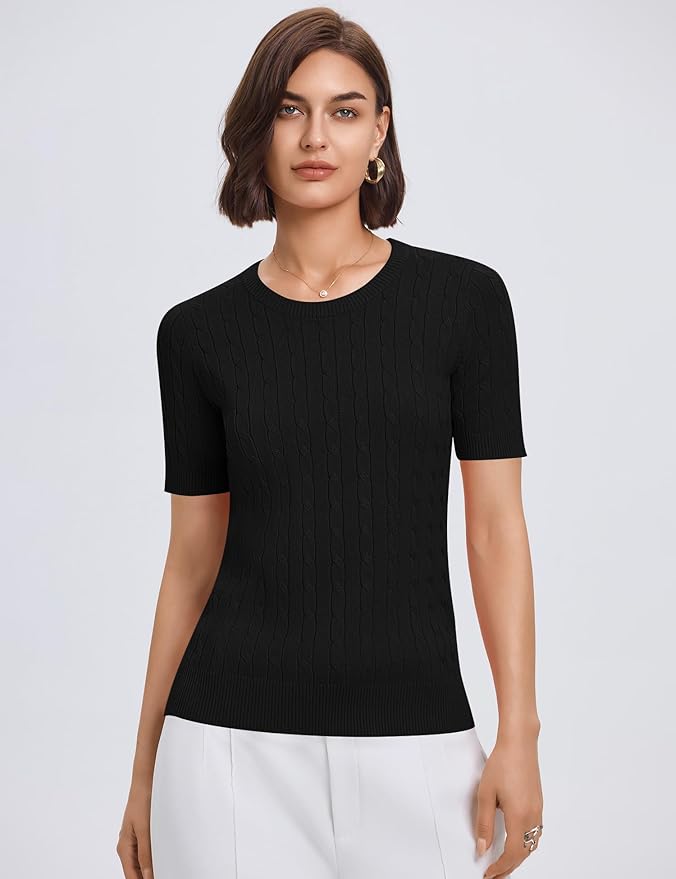Micoson Womens Short Sleeve Cable Knit Sweater Tops Crewneck Lightweight Spring Summer Shirts Business Dressy Casual Outfits