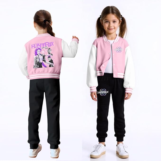 K PopGirls Kpop Tracksuit Cute Cartoon Print Baseball Coats Fashion Long Sleeve Jackets and Pants Christmas Costume Set