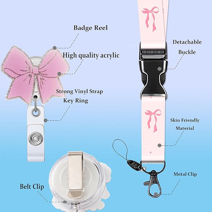 Lanyards for ID Badge Holder Pink Bow Badge Reel for women cute Nurse Teacher Name Tag Clip Retractable Keychain Heavy Duty Work Office Gifts Accessories RN LPN CNA MA Medical Nursing Breakaway