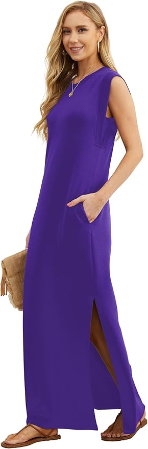 GRECERELLE 2026 Women Year-Round Casual Round Neck Loose Split Wrinkle-Free Long Maxi Vacation Dress with Pockets (XXS-4XL)