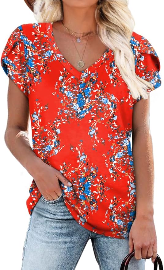 WIHOLL Womens Tops V Neck Summer Petal Sleeve Casual Tshirts