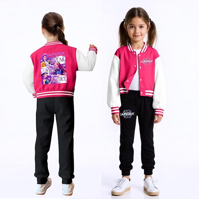 K PopGirls Kpop Tracksuit Cute Cartoon Print Baseball Coats Fashion Long Sleeve Jackets and Pants Christmas Costume Set