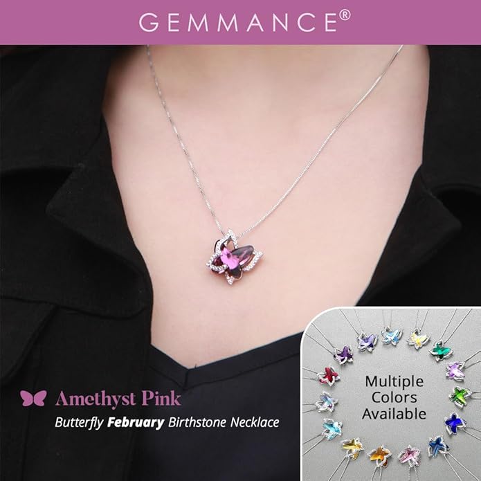 GEMMANCE Gift Butterfly Birthstone Crystal Necklace, Silver Tone with 18”+2” Chain, Necklace for Mother’s Day Anniversary Birthday Gifts for Women and Daughter, Valentine's Day