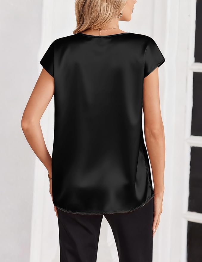 Zeagoo Women Silk Satin Tops Cap Short Sleeve Blouse V Neck Shirts Business Casual Outfits S-2XL