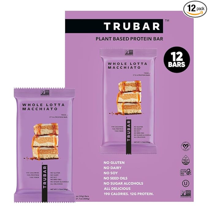 TRUBAR Vegan Protein Bar, Whole Lotta Macchiato, Gluten Free, Plant Based Protein, Dairy Free, Non GMO, Soy Free, No Sugar Alcohols, 12G Protein, 12G Fiber, 23G Carb, On the Go Snack Bars, 12 CT