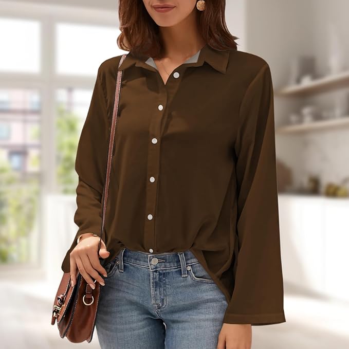Womens Classic Shirts Casual Button Solid Color Long Sleeve Work Blouse Collared Relaxed Fit Summer Tops