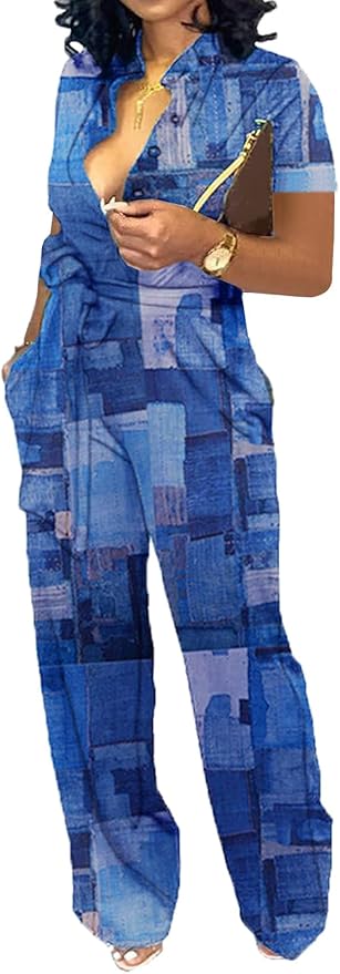 SeNight Women's Jumpsuits Elegant Business Casual Button Down V Neck Long Sleeve Strap Straight Long Pants With Pockets
