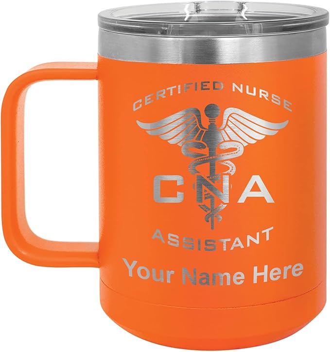 LaserGram 15oz Vacuum Insulated Coffee Mug, CNA Certified Nurse Assistant, Personalized Engraving Included (Orange)