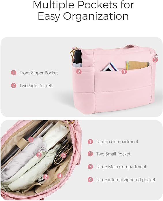 Moyad Puffy Tote Bag for Women with Zipper, Lightweight Quilted Bags Shoulder Handbag for Work, Travel, Gym, Nurse, Teacher