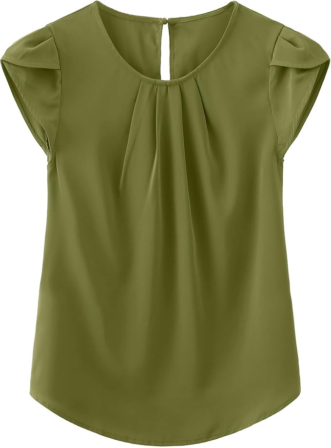 TASAMO Women's Casual Round Neck Basic Pleated Top Cap Sleeve Curved Keyhole Back Chiffon Blouse