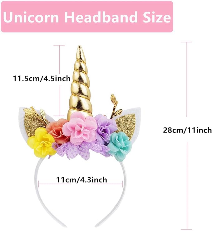 Nishine Unicorn Horn Floral Headband Glitter Ears Pony Head Bands Tiara for Girls Party Birthday Cosplay