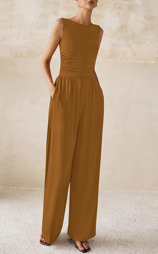 PRETTYGARDEN One Piece Jumpsuits for Women Dressy Casual Sleeveless Crewneck Wide Leg Rompers Jumpers Vacation Summer Outfits