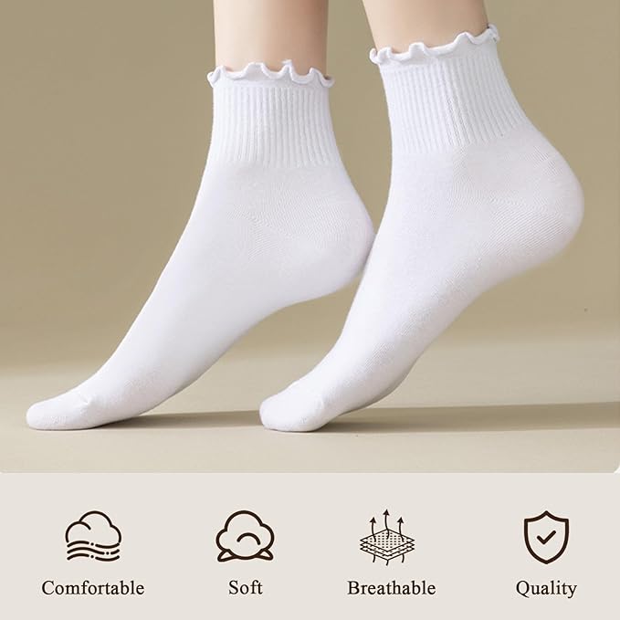 BIVOLU Womens Ankle Socks Ruffle Cotton Cute Frilly Trim Breathable Ankle Ruffled Socks 6 Pack
