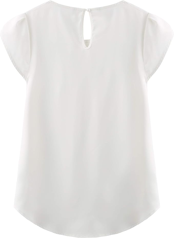 TASAMO Women's Casual Round Neck Basic Pleated Top Cap Sleeve Curved Keyhole Back Chiffon Blouse