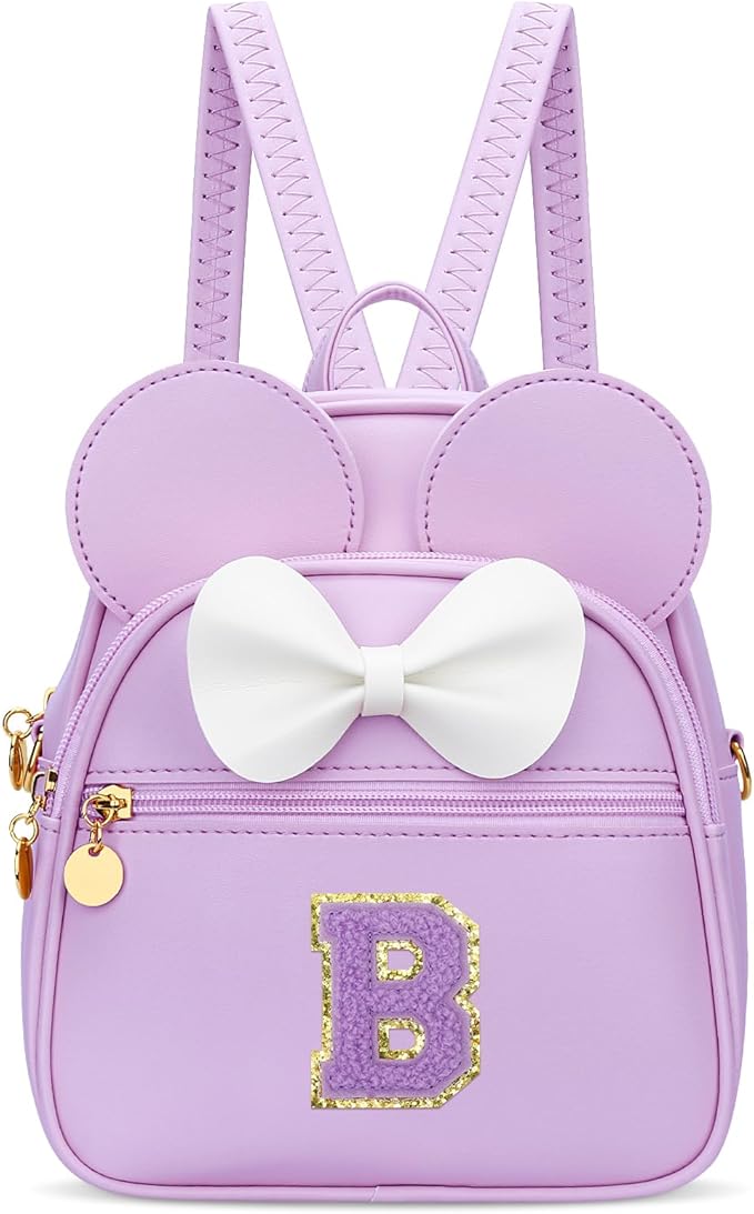 KKXIU Girls Initial Bowknot Cute Mini Backpack for Toddler, Travel Small Girl Backpacks, Personalized Valentine's Day Gifts for Little Girls and Kids(B, Purple)