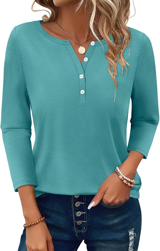 PGANDS Women's 3/4 Length Sleeve T Shirts Button Down Scoop Neck Casual Tops