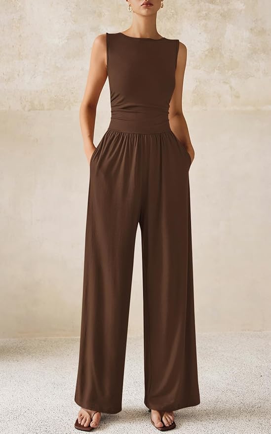 PRETTYGARDEN One Piece Jumpsuits for Women Dressy Casual Sleeveless Crewneck Wide Leg Rompers Jumpers Vacation Summer Outfits