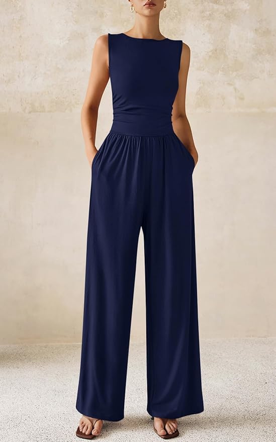 PRETTYGARDEN One Piece Jumpsuits for Women Dressy Casual Sleeveless Crewneck Wide Leg Rompers Jumpers Vacation Summer Outfits