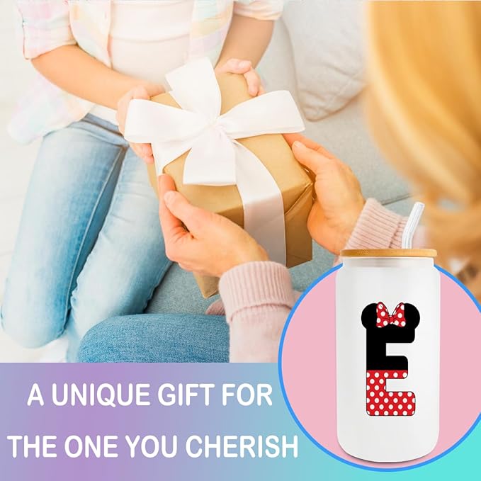 Cute Cartoon Mouse Lover Gifts Initial A-Z Personalized Iced Coffee Cup Magic Mouse Stuff Wizard Gift 16oz Glass Cup with Lid and Straws Birthday Christmas Gifts for Women Teen Girls (Letter E)