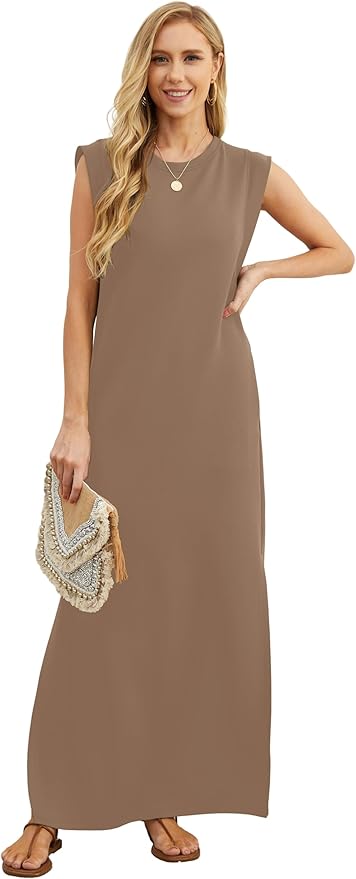 GRECERELLE 2026 Women Year-Round Casual Round Neck Loose Split Wrinkle-Free Long Maxi Vacation Dress with Pockets (XXS-4XL)