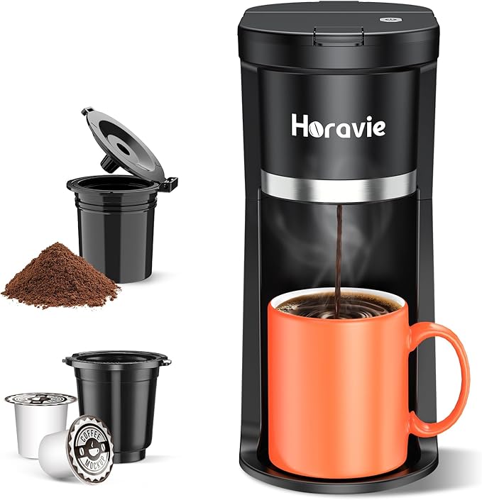 Horavie Small Single Serve Coffee Maker, Fast Brew One Cup Coffee Machine for K Cup and Grounds, 6 to 12 oz. Brew Sizes, Capsule Coffee Machine with Descaling Reminder and Viewing Tank, Black