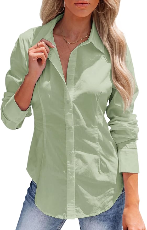 siliteelon Women's Button Down Shirts Long Sleeve Dress Shirts Wrinkle Free Collared Work Office Solid Blouses Corset Tops