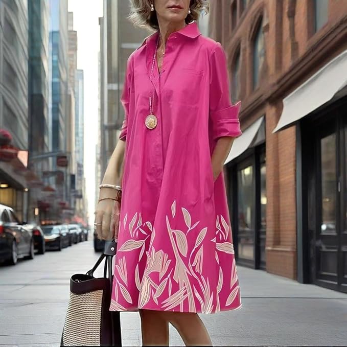 Womens 2025 Long Sleeve Button Down Shirt Summer Dress Casual V Neck Loose Fit Midi Shirt Dresses with Pockets