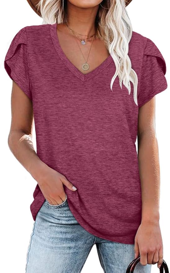 WIHOLL Womens Tops V Neck Summer Petal Sleeve Casual Tshirts