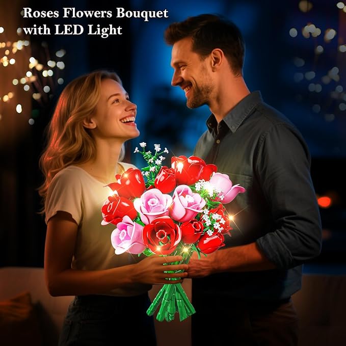 HOGOKIDS Flowers Bouquet Building Set with Lights - 16 Roses Bouquet Botanical Building Blocks Artificial Red Roses Flower for Home Decor Birthday Valentines Gifts for Adults Girl - 387PCS (Pink)