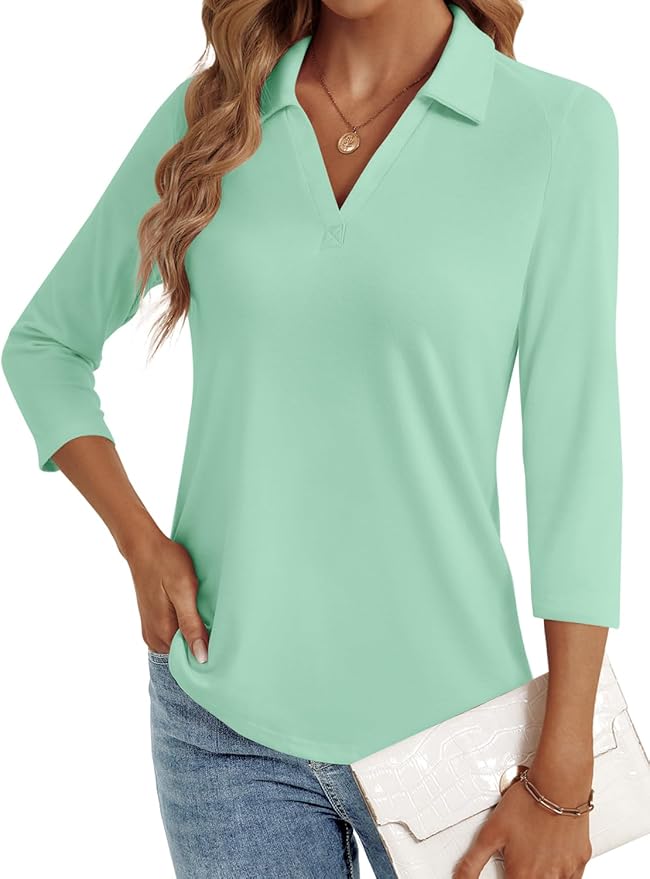 3/4 Length Sleeve Womens Tops Dressy Casual V Neck Polo Shirts Business Work Blouses 2025 Trendy Tunic Top