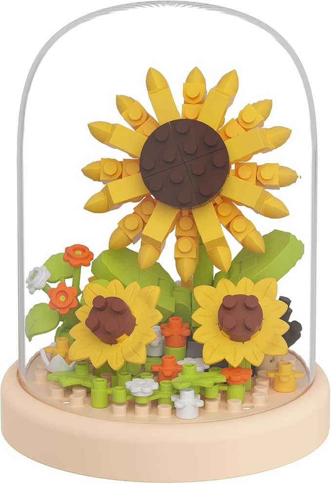 Sacblirr Sunflowers Secret Mini Flower Building Toy Bouquets with Dust Cover Set Creative Assembly Bonsai Tree Ideal for Home Decor Collection Toys