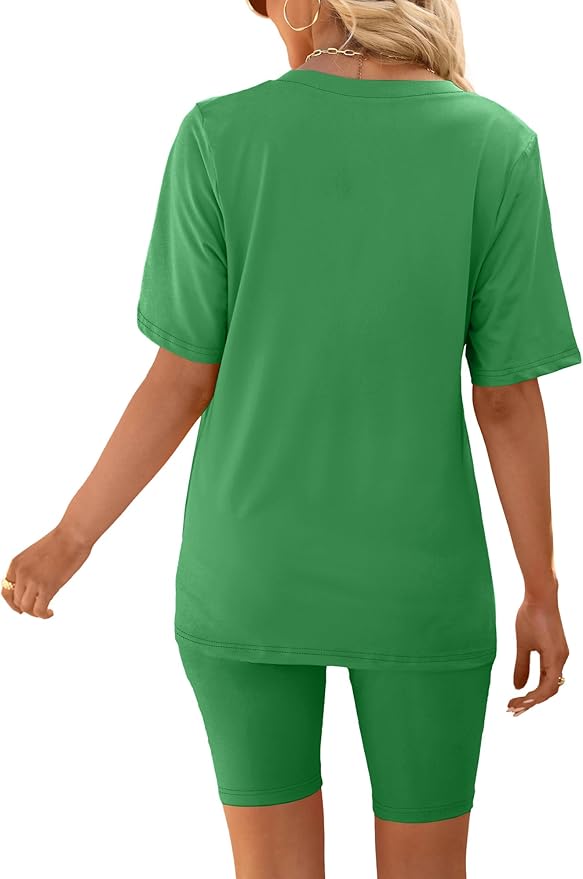 AGSEEM Two Piece Outfits For Women Summer V Neck T-Shirt Tops Biker Shorts Workout Sports Tracksuit