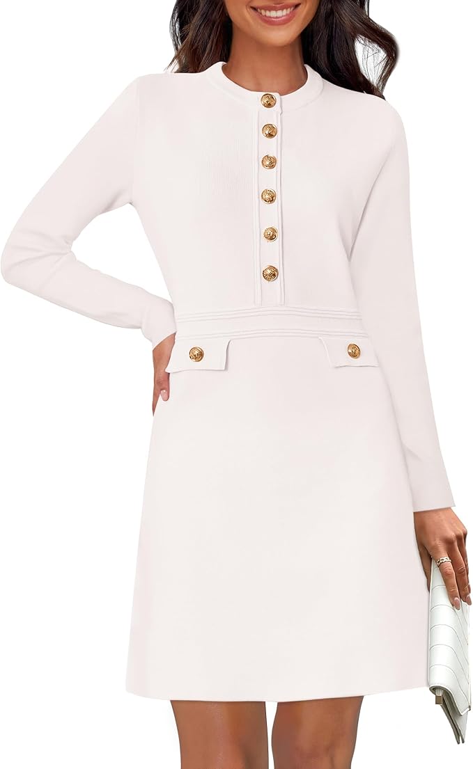 NENONA Women's 2026 Long Sleeve Fall Winter Sweater Dress Spring Fashion Button Elegant Business Casual Work Mini Dresses