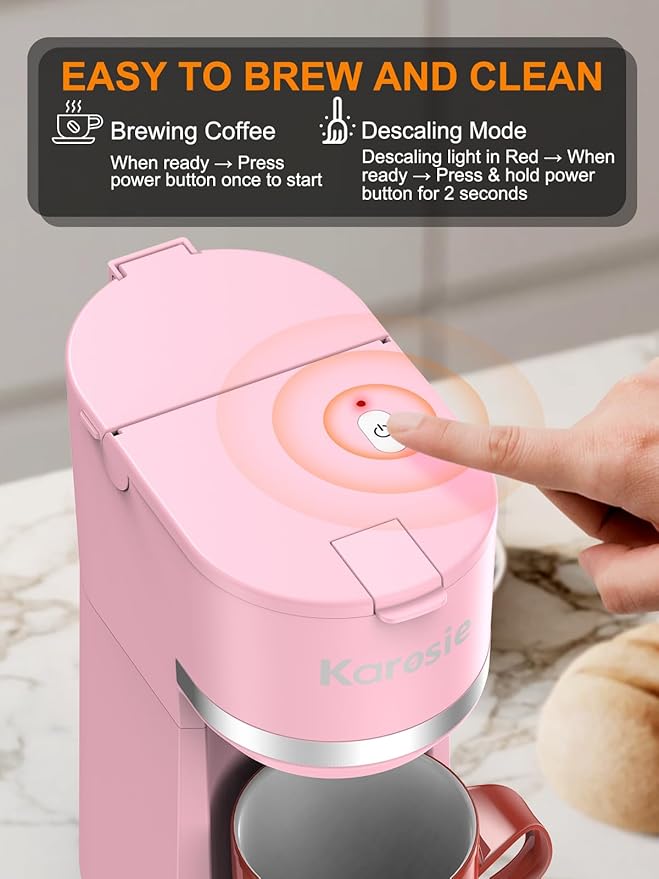 Karosie Single Serve Coffee Maker for K-Cup and Ground Coffee, Fast Brew, 6-12 oz Brew Sizes One Cup Coffee Machine Fits 5.5" Mugs, One-Button Small Coffee Maker with Descaling Reminder,Pink