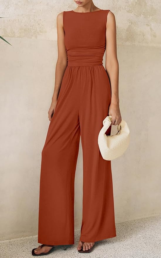 PRETTYGARDEN One Piece Jumpsuits for Women Dressy Casual Sleeveless Crewneck Wide Leg Rompers Jumpers Vacation Summer Outfits