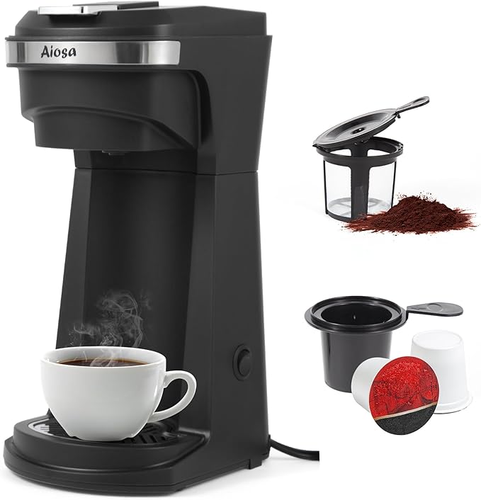 Aiosa 2 in 1 Single Serve Kcup Coffee Maker (6-14Oz), 800W Fast Brew, Compact Design with Reusable Filter, One-Button Auto Shut-Off, Travel Mug Fit, Compatible with K-Cup/Ground Coffee/Tea, Black