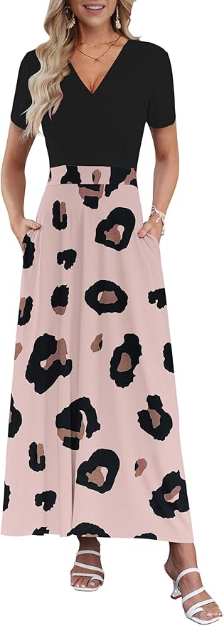 AUSELILY Maxi Dresses for Women Ankle Length Floral Print Beach Long Flowy Dress with Pockets