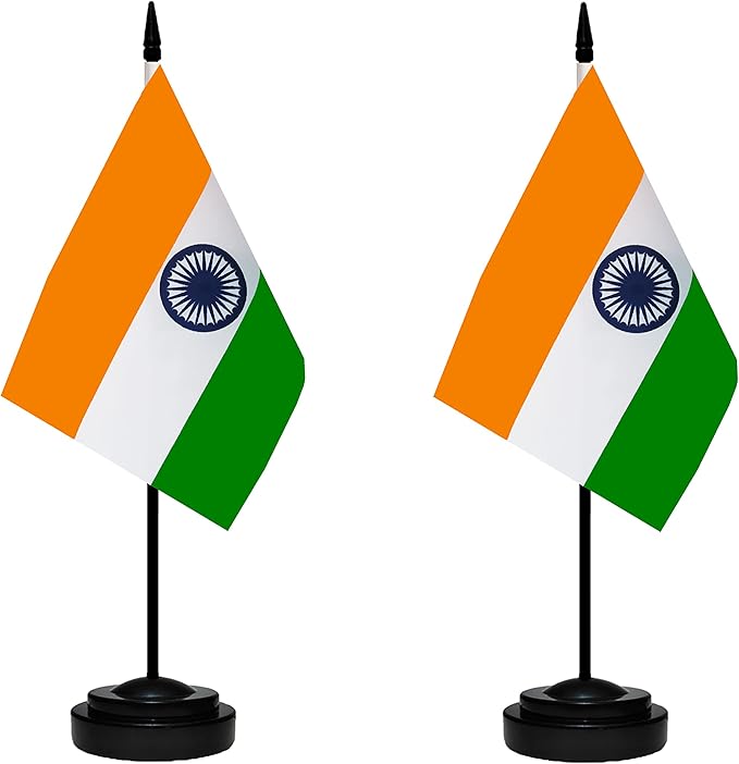 India Indian Deluxe Desk Flag Set Small Mini Miniature India Indian Table Desktop Flags With Solid Pole, Black Base and Spear Top(2 Pack)