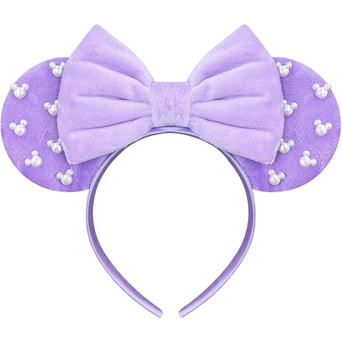 Trnerm Purple Fuzzy Mouse Ears Headband for Women, Cute Beads Headband with Bows，Halloween Costume Accessory