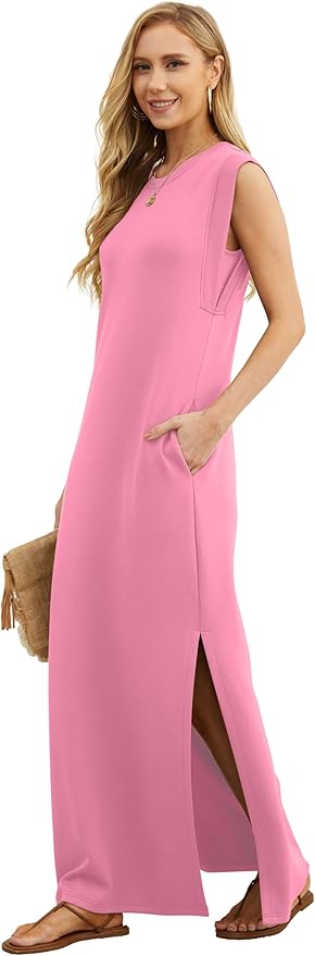 GRECERELLE 2026 Women Year-Round Casual Round Neck Loose Split Wrinkle-Free Long Maxi Vacation Dress with Pockets (XXS-4XL)
