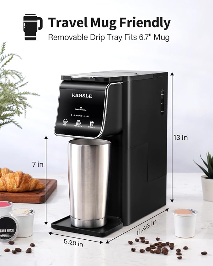 KIDISLE Hot & Iced Single Serve Coffee Maker for K Cup & Grounds, 6–16oz Brew Sizes, 40oz Water Tank, Reusable Pod Filter, Easy-to-Use, Black