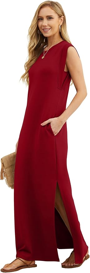 GRECERELLE 2026 Women Year-Round Casual Round Neck Loose Split Wrinkle-Free Long Maxi Vacation Dress with Pockets (XXS-4XL)