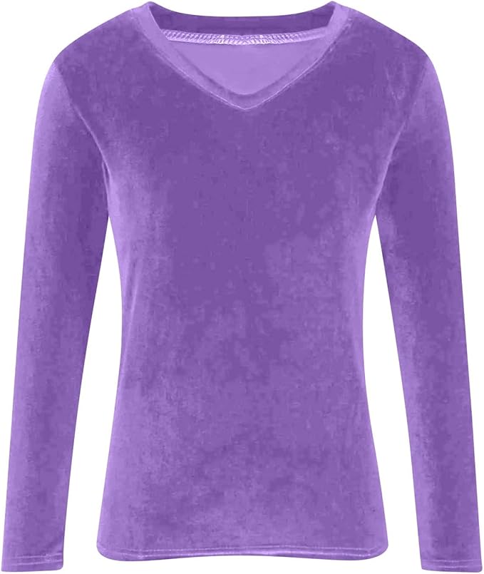 Velvet Tops for Women Dressy Casual V Neck Shirts Loose Fit Vintage Long Sleeve Velour Blouse Solid Holiday Party Outfits