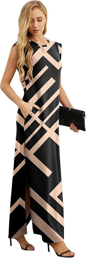 GRECERELLE 2026 Women Year-Round Casual Round Neck Loose Split Wrinkle-Free Long Maxi Vacation Dress with Pockets (XXS-4XL)