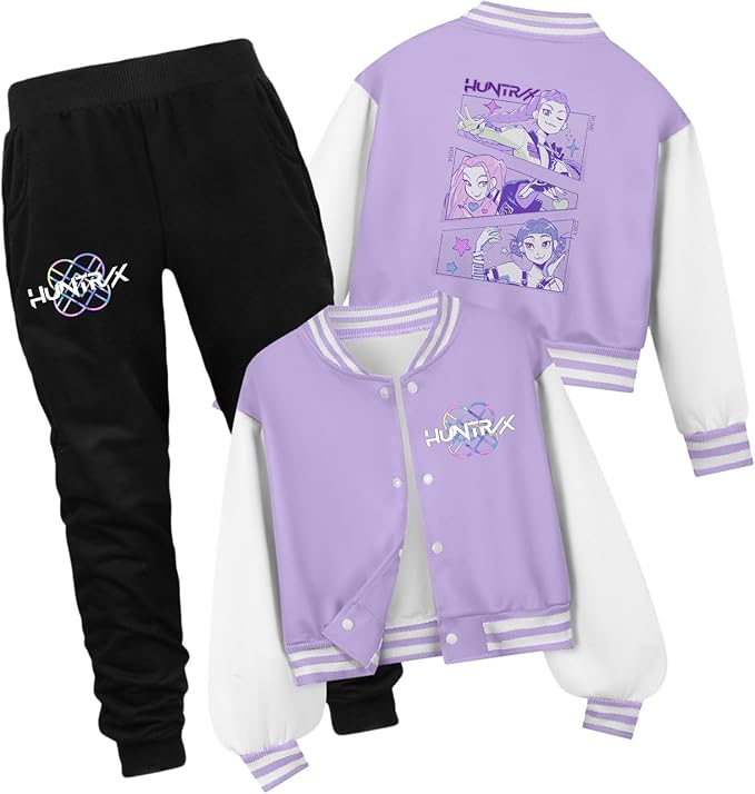 K PopGirls Kpop Tracksuit Cute Cartoon Print Baseball Coats Fashion Long Sleeve Jackets and Pants Christmas Costume Set