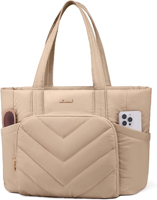 LOVEVOOK Puffer Tote Bag for Women, V-Quilted Puffy Teacher Tote Nurse Bag, Large Shoulder Laptop Purse for Work Travel Gym