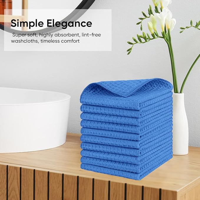 HOMEXCEL Blue Waffle Washcloths Towels 10 Pack, Premium Microfiber Face Towels, Ultra Soft, Lightweight Highly Absorbent Quick Dry Washcloths for Bathroom, Gym, Shower, Spa 12 x 12 Inch